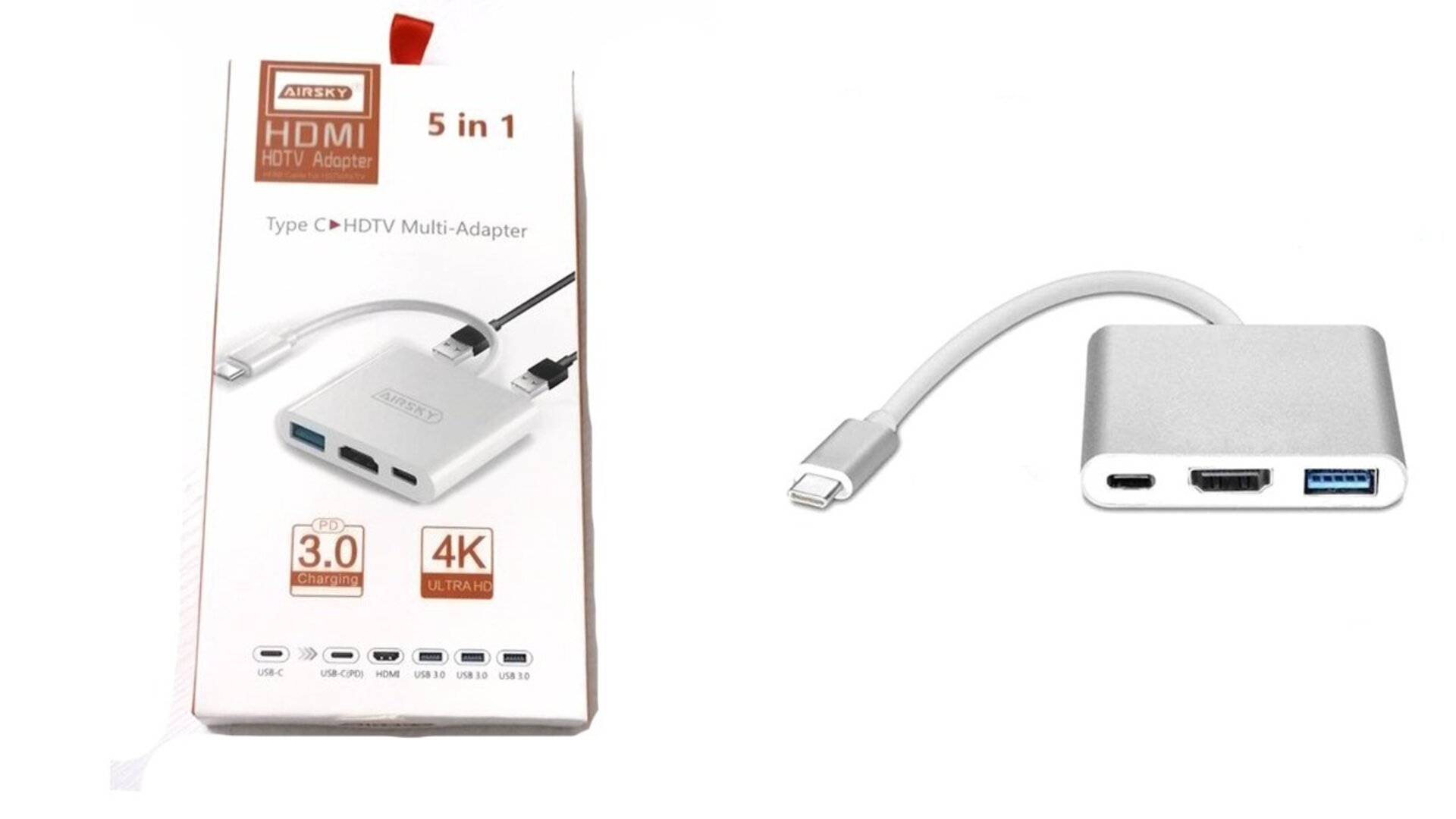 AIRSKY HC-04D 5in1 გადამყვანი ჰაბი USB-C to HDMI 4K+ USB charging 3.0 + USB-C PD