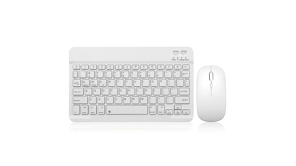 Bluetooth Keyboard ipad-ის, პლანშეტის უსადენო კლავიატურა + მაუსი COMBO თეთრი